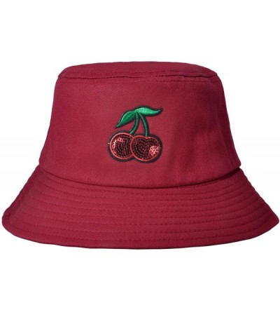 Bucket Hats Unisex Fashion Embroidered Bucket Hat Summer Fisherman Cap for Men Women - Cherry Red - CC18WG06XUM $26.58