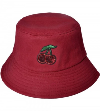 Bucket Hats Unisex Fashion Embroidered Bucket Hat Summer Fisherman Cap for Men Women - Cherry Red - CC18WG06XUM $9.85