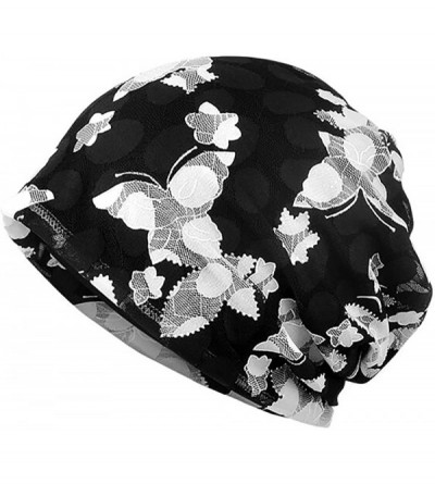 Skullies & Beanies Floral Lace Beanie Hat Chemo Cap Stretch Slouchy Turban Headwear - Butterfly Black - CD18CEGU0EW $20.63
