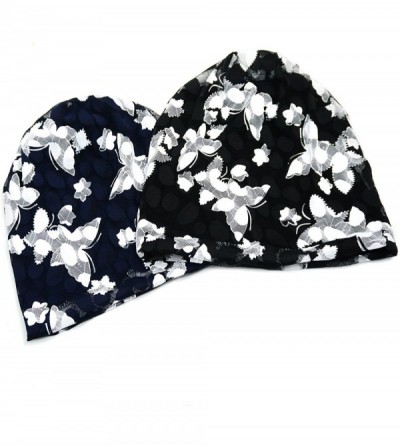 Skullies & Beanies Floral Lace Beanie Hat Chemo Cap Stretch Slouchy Turban Headwear - Butterfly Black - CD18CEGU0EW $19.60