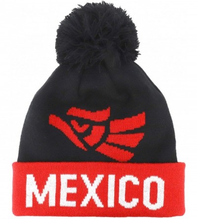 Skullies & Beanies Hecho en Mexico Eagle Pom Cuff Knit Winter Beanie - Black Red - C718ND0L5C8 $26.31