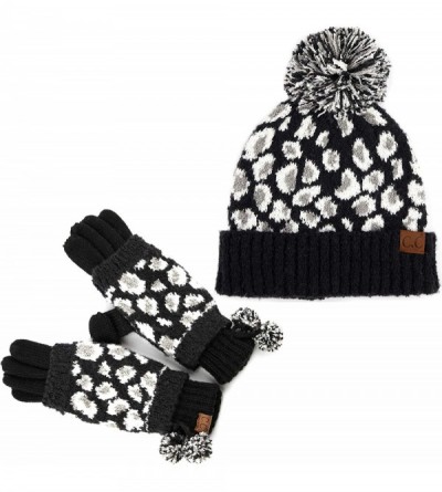 Skullies & Beanies ML-2-GH7001-06 Leopard Print Hat (pom) & Glove Bundle - Black - CW193ZI8R04 $31.61