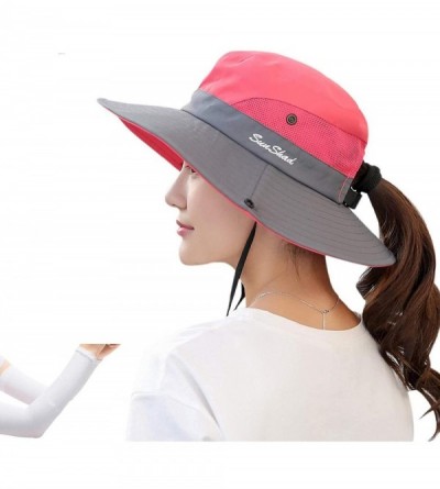 Bucket Hats Women's Outdoor Sun Protection Wide Brim Mesh Fishing Hat Bucket Hat with Ponytails - Watermelon - CB18W9SEERY $2...