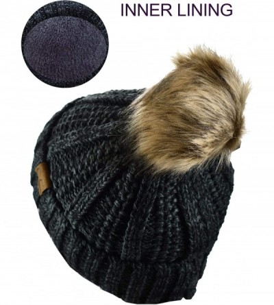 Skullies & Beanies Thick Cable Knit Faux Fuzzy Fur Pom Fleece Lined Skull Cap Cuff Beanie - Black/Gray - CC192YDKNY9 $13.18