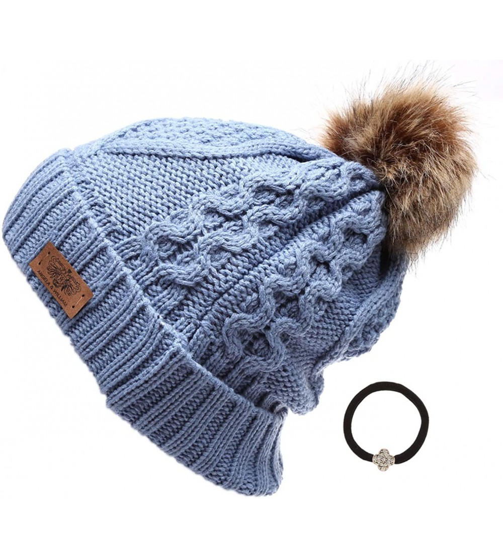 Skullies & Beanies Women's Winter Fleece Lined Cable Knitted Pom Pom Beanie Hat with Hair Tie. - Indi Blue - CX12MXV3MMR $8.29