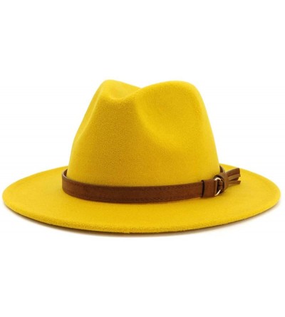 Fedoras Unisex Wide Brim Felt Fedora Hats Men Women Panama Trilby Hat with Band - Yellow - CK18R8YLG6D $35.30