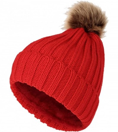 Skullies & Beanies Trendy Ribbed Knitted Fur Pom Pom Beanie Hat Slouchy CR5146 - Red - CT1204M9MGD $15.42