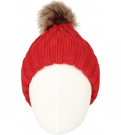 Skullies & Beanies Trendy Ribbed Knitted Fur Pom Pom Beanie Hat Slouchy CR5146 - Red - CT1204M9MGD $15.42