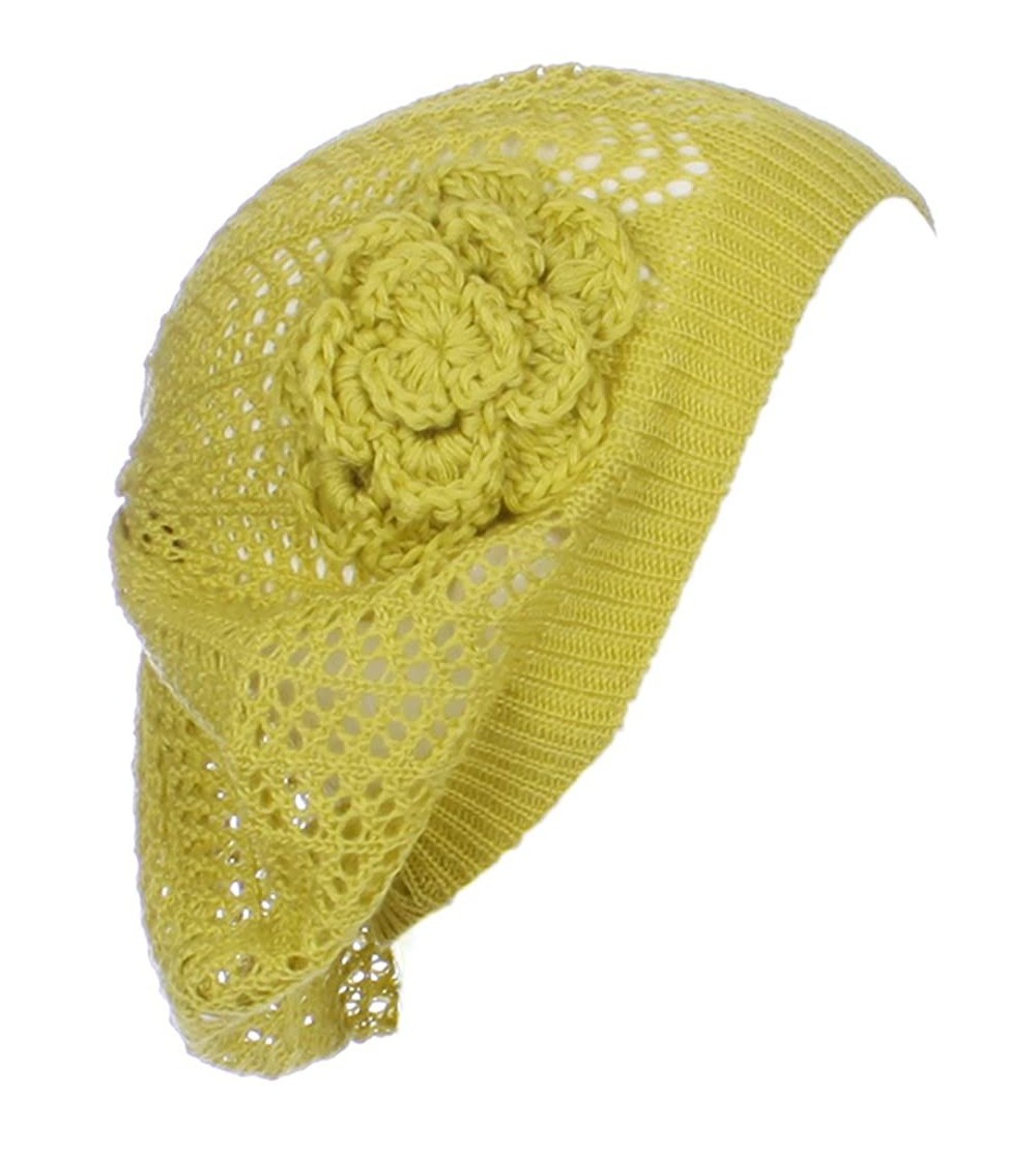 Berets Womens Crochet Hat Flower Beanie Beret Fashion Accessory Lightweight Knit Cap - Yellow Green Chevron Stripe - CM17Z3MW...