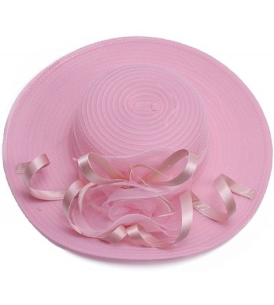 Sun Hats Womens Wide Brim Sun Hat Floral Ribbon Derby Dress Solid Color T236 - Light Pink - CT182OWYNDU $16.24