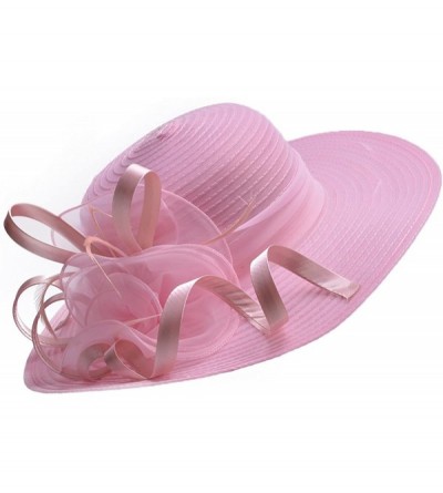 Sun Hats Womens Wide Brim Sun Hat Floral Ribbon Derby Dress Solid Color T236 - Light Pink - CT182OWYNDU $16.24