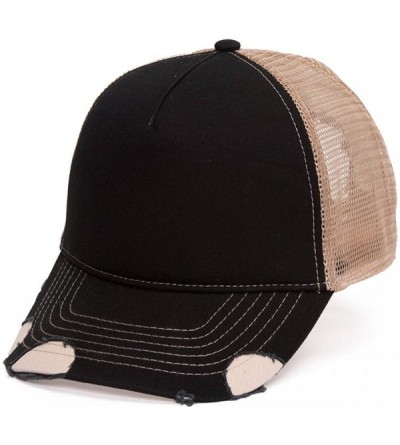 Baseball Caps Cotton Twill Distressed Mesh Trucker Hat - Black / Khaki - CR11BXJOCPX $8.52