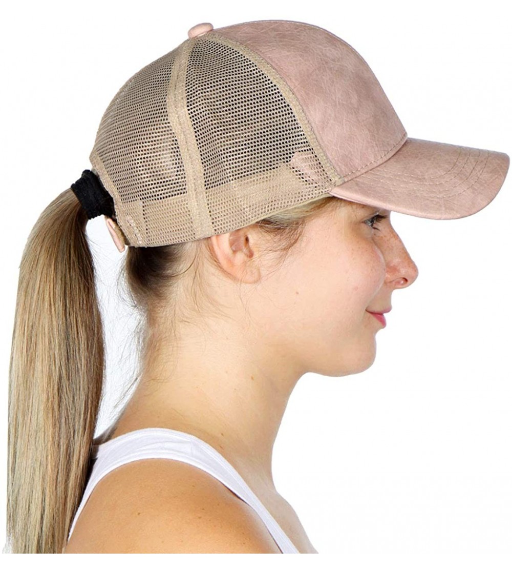 Baseball Caps Baseball Cap for Women- High Bun Ponytail Adjustable- Mesh Trucker Hats Plain Faux Leather Indi Pink - C818GOSM...