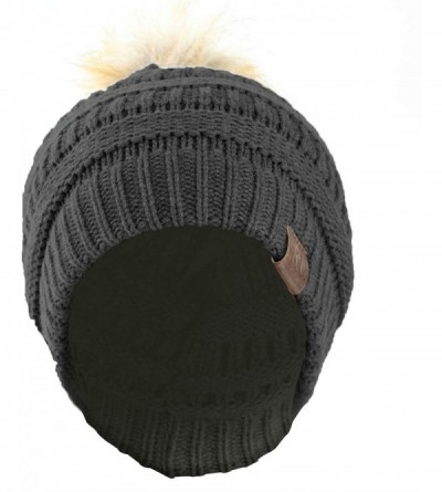 Skullies & Beanies Women Hat Faux Fur Pom Pom Winter Wool Beanie Thick Knit Snow Ski Cable Cap - Black - CO18L7UDYYY $22.88