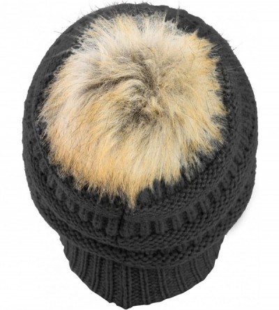 Skullies & Beanies Women Hat Faux Fur Pom Pom Winter Wool Beanie Thick Knit Snow Ski Cable Cap - Black - CO18L7UDYYY $12.65