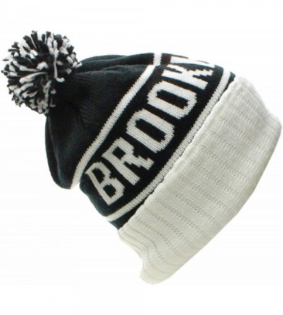 Skullies & Beanies USA Favorite City Cuff Cable Knit Winter Pom Pom Beanie Hat Cap - Brooklyn - Black White - CM11Q2V5IO1 $9.48