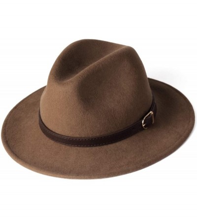 Fedoras 100% Wool Wide Brim Fedora Panama Hat with Belt Buckle Fedora Hats for Men Women - Brown - CL18UIOER9L $48.15