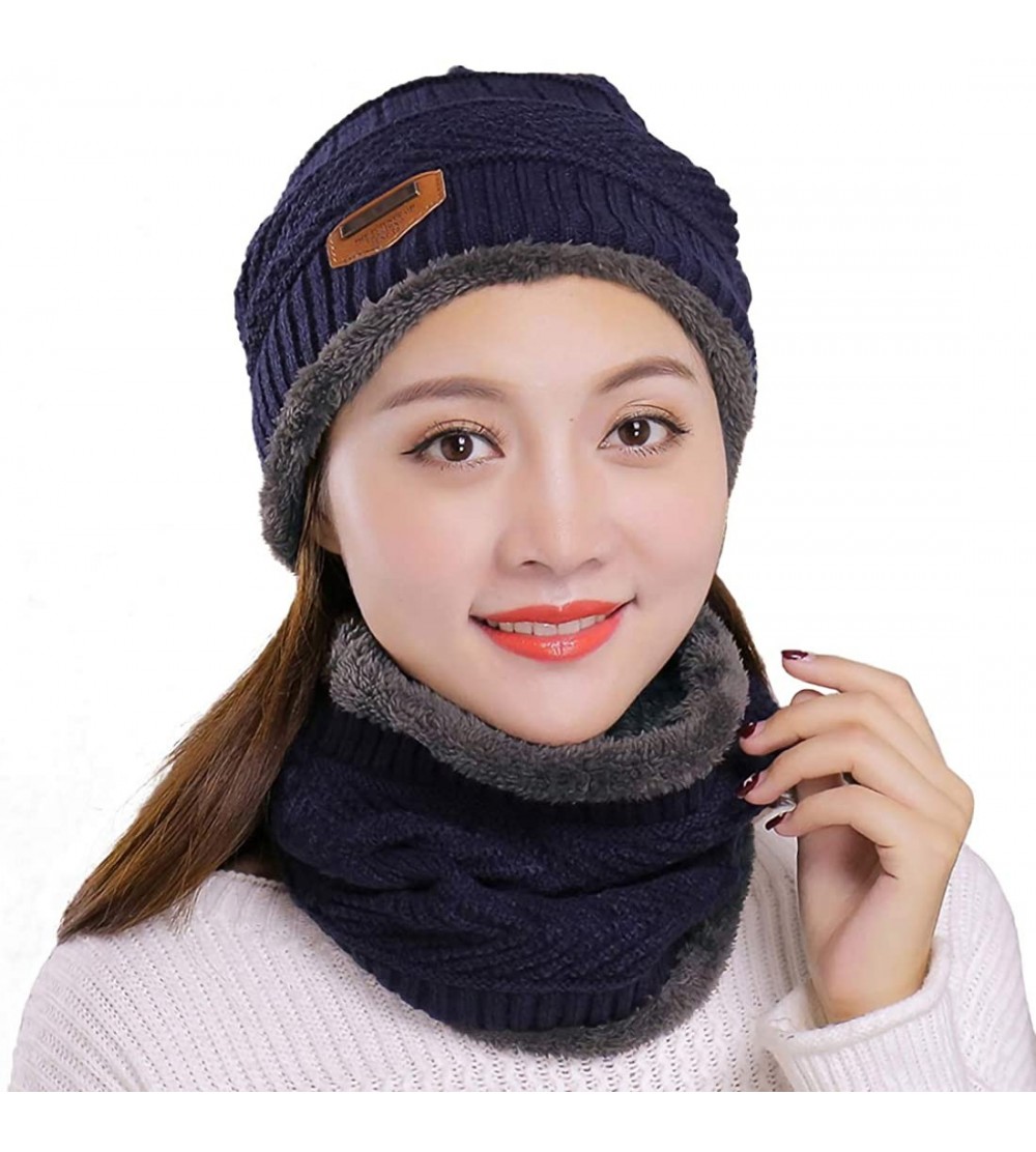 Skullies & Beanies Thick Warm Winter Beanie Hat Soft Stretch Slouchy Skully Knit Cap for Women - C-navy-hat & Scarf - C418HKE...