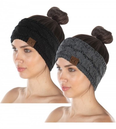 Cold Weather Headbands Exclusives Womens Head Wrap Lined Headband Stretch Knit Ear Warmer - 2 Pack - Metallic Black & Metalli...