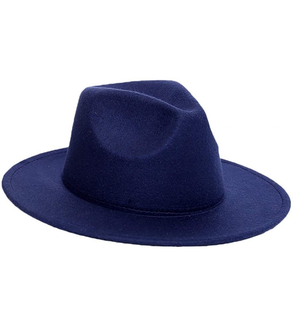 Fedoras Women's Wide Brimmed Wool Felt Floppy Hat Vintage Women Warm Fedora Hats Jazz Hat Caps - Dark Blue - C319396CD04 $11.66