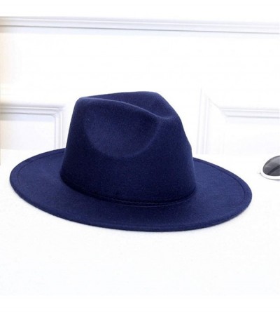 Fedoras Women's Wide Brimmed Wool Felt Floppy Hat Vintage Women Warm Fedora Hats Jazz Hat Caps - Dark Blue - C319396CD04 $11.66