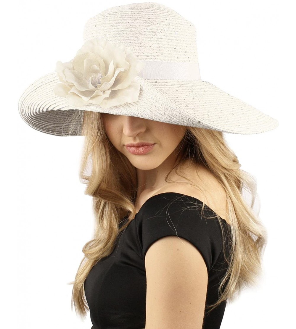 Sun Hats Dressy Flip Up Sequins Removable Flower Brooch Floppy Summer Derby Sun Hat - White - CX12DZX1757 $52.46