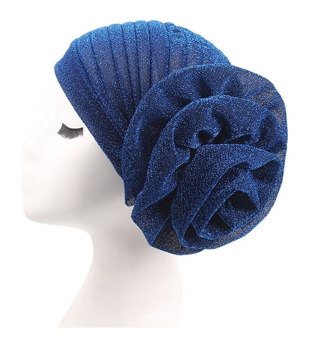 Skullies & Beanies Vintage Flower Twist Pleated Knotted Stretch Turban Hat Muslim Ruffle Beanie Scarf Turban Cap - Deep Blue ...