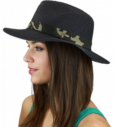 Sun Hats Teardrop Dent Paper Woven Panama Sun Beach Hat with Camouflage Band - Black - CM17X6L389Z $26.46