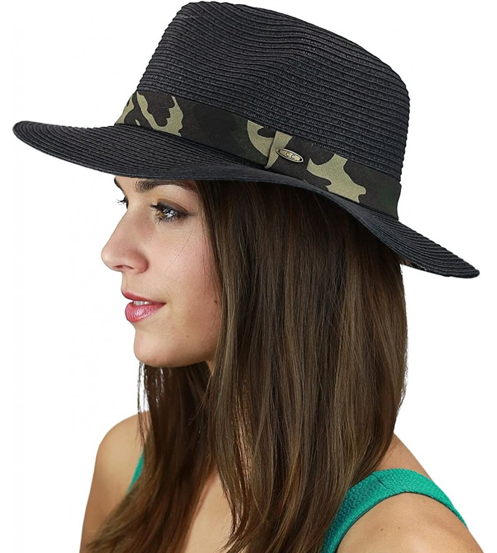 Sun Hats Teardrop Dent Paper Woven Panama Sun Beach Hat with Camouflage Band - Black - CM17X6L389Z $12.69