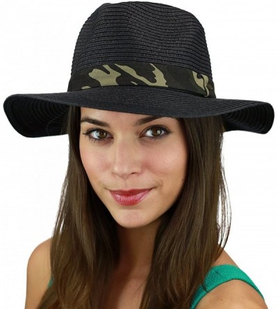 Sun Hats Teardrop Dent Paper Woven Panama Sun Beach Hat with Camouflage Band - Black - CM17X6L389Z $12.69