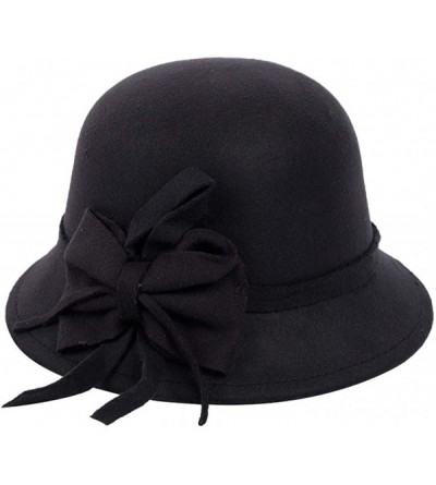 Fedoras Women's Retro Ribbon Flower Bow Solid Color Fedora Bowler Hat Caps - Black a - CJ193342RDS $19.24
