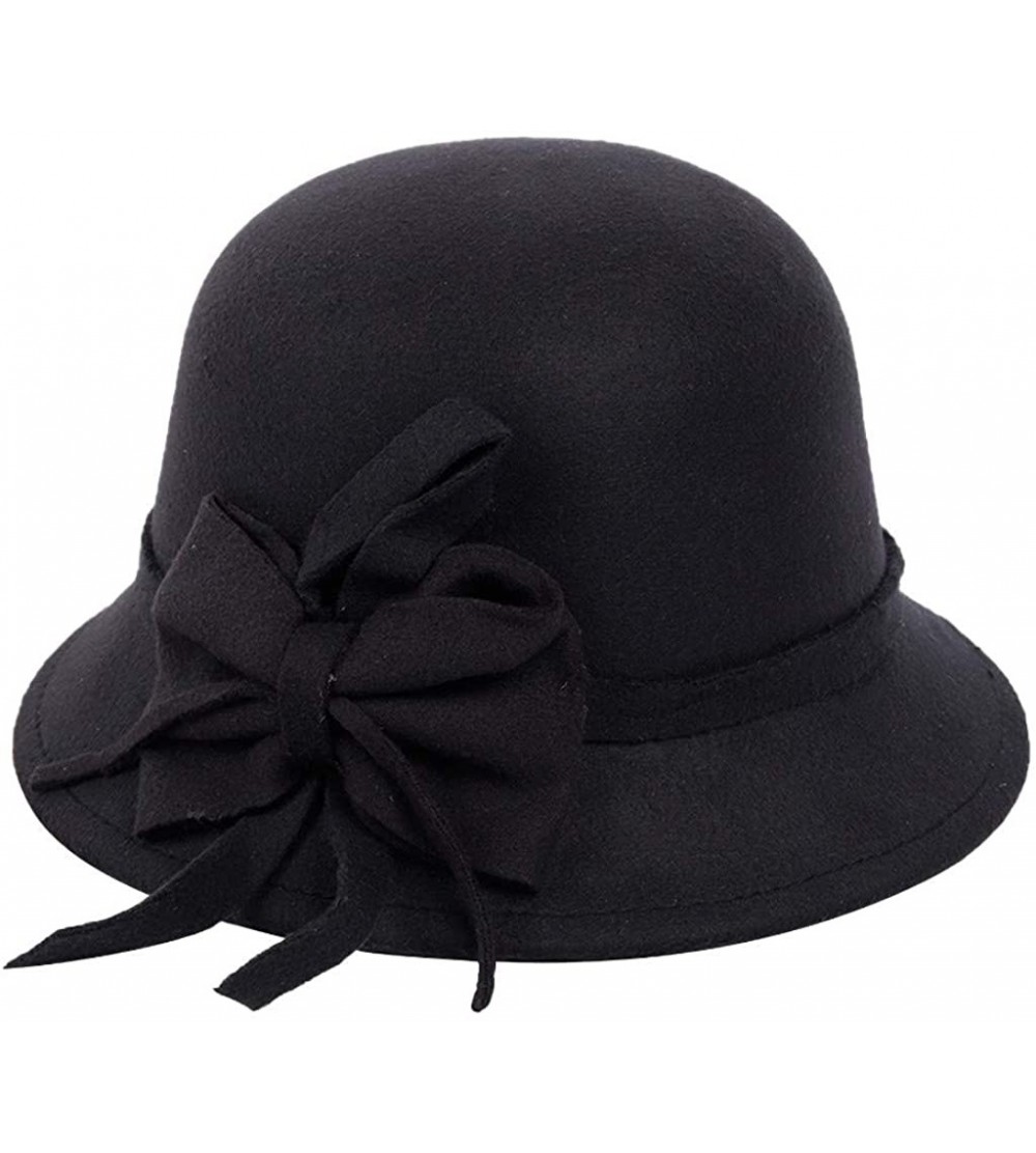 Fedoras Women's Retro Ribbon Flower Bow Solid Color Fedora Bowler Hat Caps - Black a - CJ193342RDS $8.93