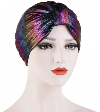 Sun Hats Shiny Metallic Turban Cap Indian Pleated Headwrap Swami Hat Chemo Cap for Women - Multicoloured Knot - CO1925DL7XA $...
