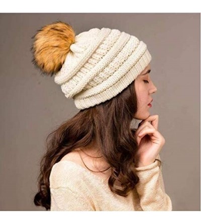 Skullies & Beanies Womens Girls Winter Knit Slouchy Beanie Hat Warm Skull Ski Cap Faux Fur Pom Pom Hats for Women - CJ19394S0...