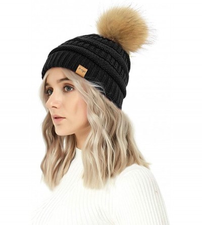 Skullies & Beanies Cable Knit Pom Pom Beanie Womens Winter Warm Faux Fur Pompoms Bobble Ski Hat Cap - Black - CQ18K4YTZAN $17.95