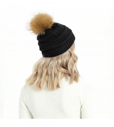Skullies & Beanies Cable Knit Pom Pom Beanie Womens Winter Warm Faux Fur Pompoms Bobble Ski Hat Cap - Black - CQ18K4YTZAN $9.33