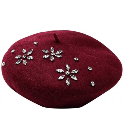 Berets Classic French Style Wool Beret Hat Pearls Beanie Cap with Pom for Women - Z2-burgundy - CT1808S6R0Q $38.96