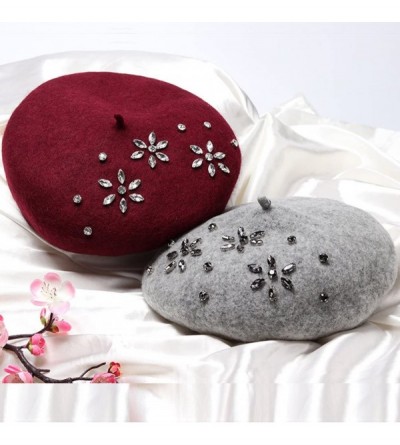 Berets Classic French Style Wool Beret Hat Pearls Beanie Cap with Pom for Women - Z2-burgundy - CT1808S6R0Q $23.69