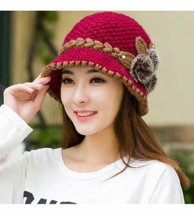 Skullies & Beanies Vintage Boho Cloche Hat Warm Crochet Knitted Decorative Flowers Wool Beret for Women Lady - Hot Pink - CN1...