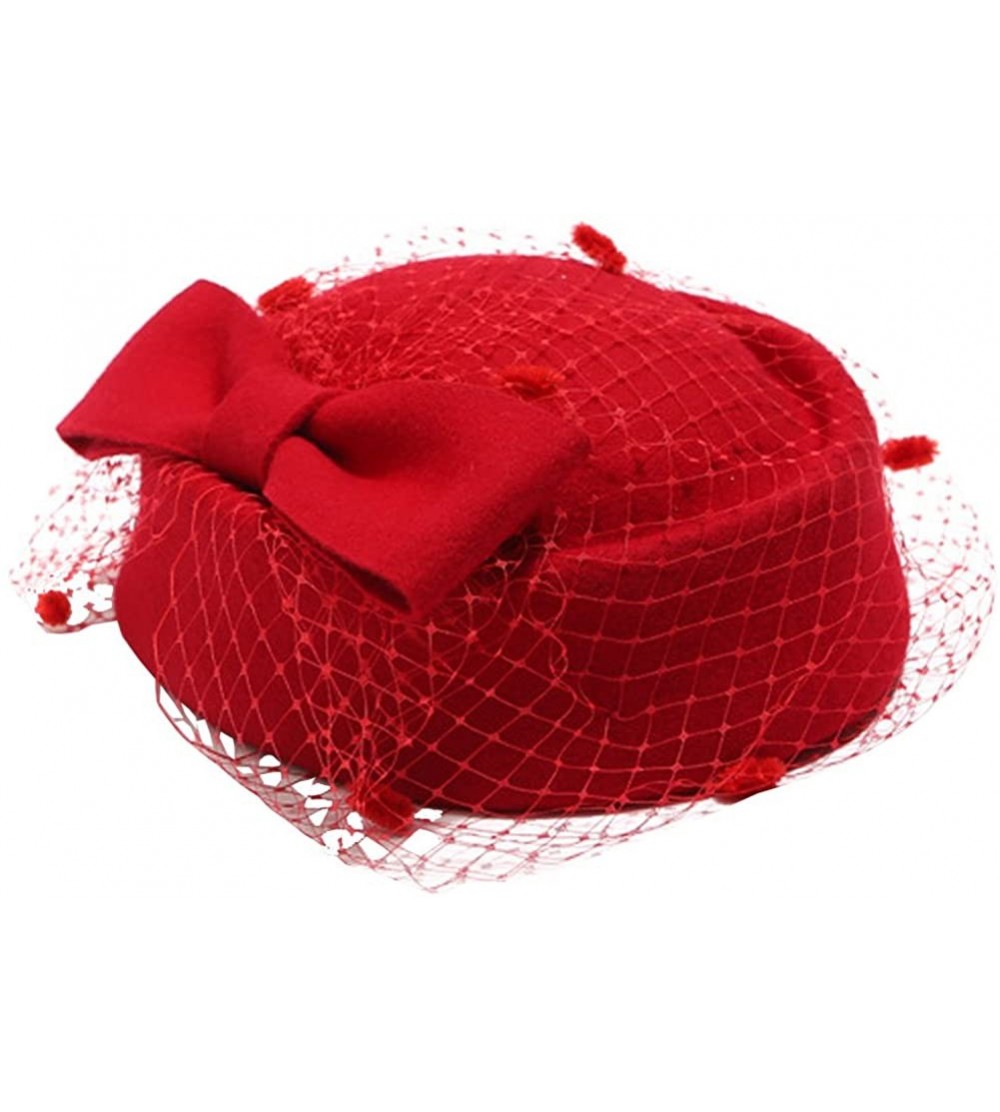 Berets Pillbox Hat Fascinator Beret Wedding Party Top Hat Church Wool Hat for Women - Red - CF12MYDGX8I $19.65