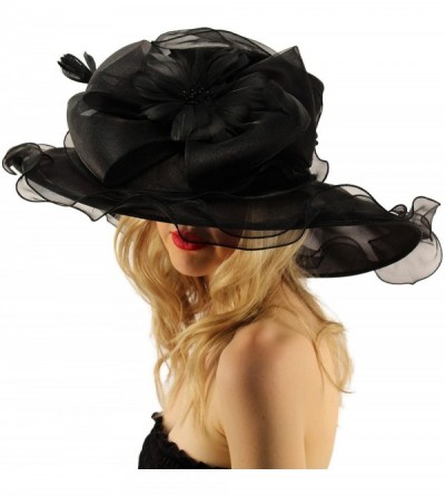 Sun Hats Superb Ruffle Edges Floral Feathers Organza Derby Floppy Wide 6" Dress Hat - Black - CI17WXS42ZA $38.95