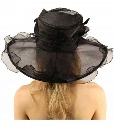 Sun Hats Superb Ruffle Edges Floral Feathers Organza Derby Floppy Wide 6" Dress Hat - Black - CI17WXS42ZA $38.95