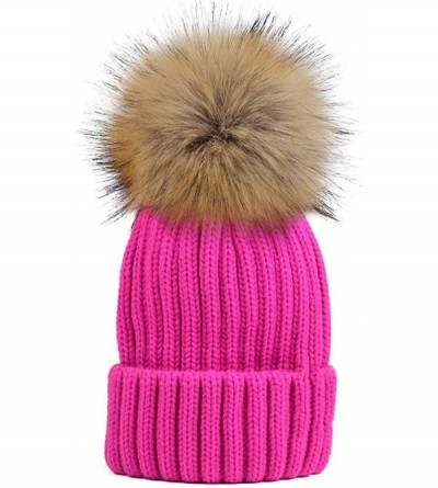 Skullies & Beanies Winter Knitted Beanie Hat Soft Warm Wool Hat with Removable Faux Fur Pom Pom - Rose - CV18IHCNHHQ $23.43