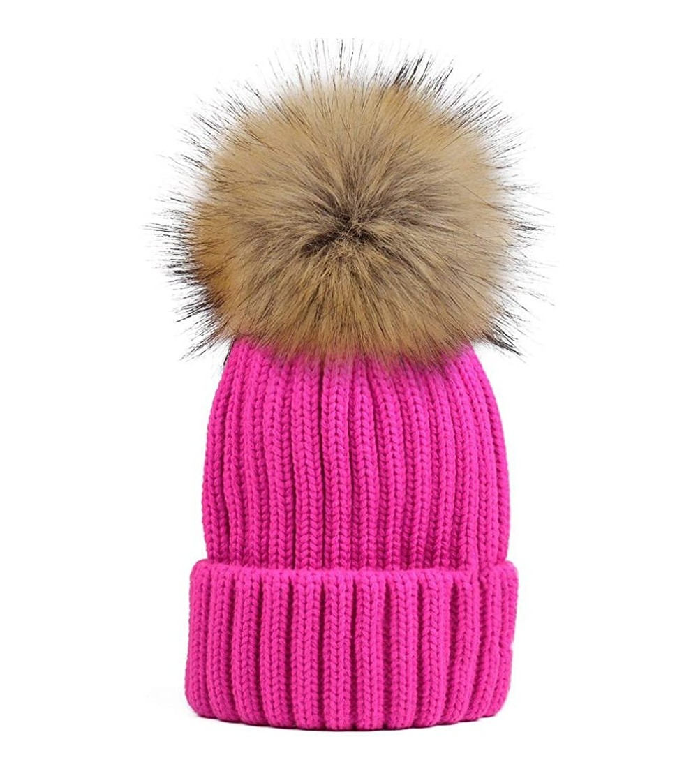 Skullies & Beanies Winter Knitted Beanie Hat Soft Warm Wool Hat with Removable Faux Fur Pom Pom - Rose - CV18IHCNHHQ $12.19