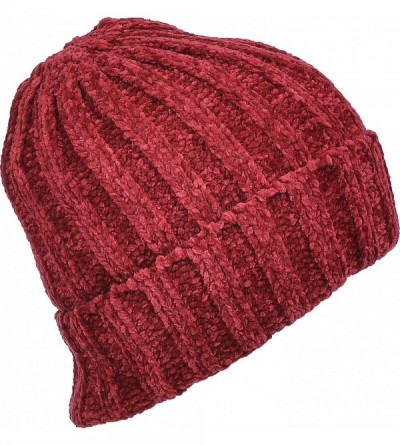Skullies & Beanies Women's Chenille Rib Knit Hat Foldover Beanie Faux Fur Lined - 05 Burgundy - CO18IKD9C5X $17.88