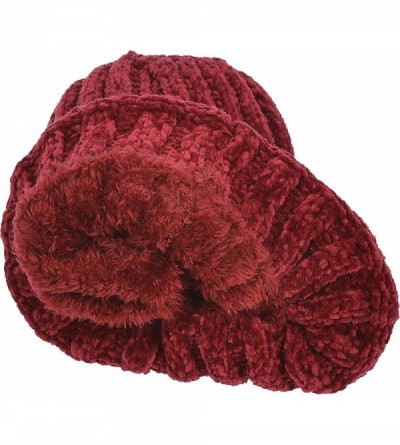 Skullies & Beanies Women's Chenille Rib Knit Hat Foldover Beanie Faux Fur Lined - 05 Burgundy - CO18IKD9C5X $27.19