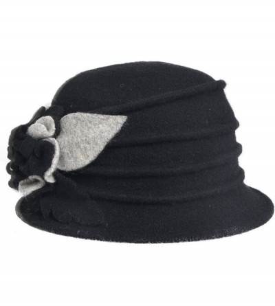Bucket Hats Lady 100% Wool Floral Bucket Cloche Bowler Hat Felt Dress Hat XC020 - Black - C512LW25M0J $17.98