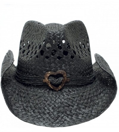 Cowboy Hats Boho Hip Cowboy Hat with Heart Concho- Natural Toyo Straw- Shapeable Brim - Black - CQ11KLPTJ2L $22.07