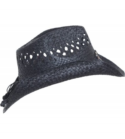 Cowboy Hats Boho Hip Cowboy Hat with Heart Concho- Natural Toyo Straw- Shapeable Brim - Black - CQ11KLPTJ2L $22.07