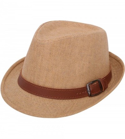 Fedoras Beach Straw Fedora Hat w/Solid Hat Band for Men & Women - Khaki Hat Brown Belt - C517Y53N5OO $28.37